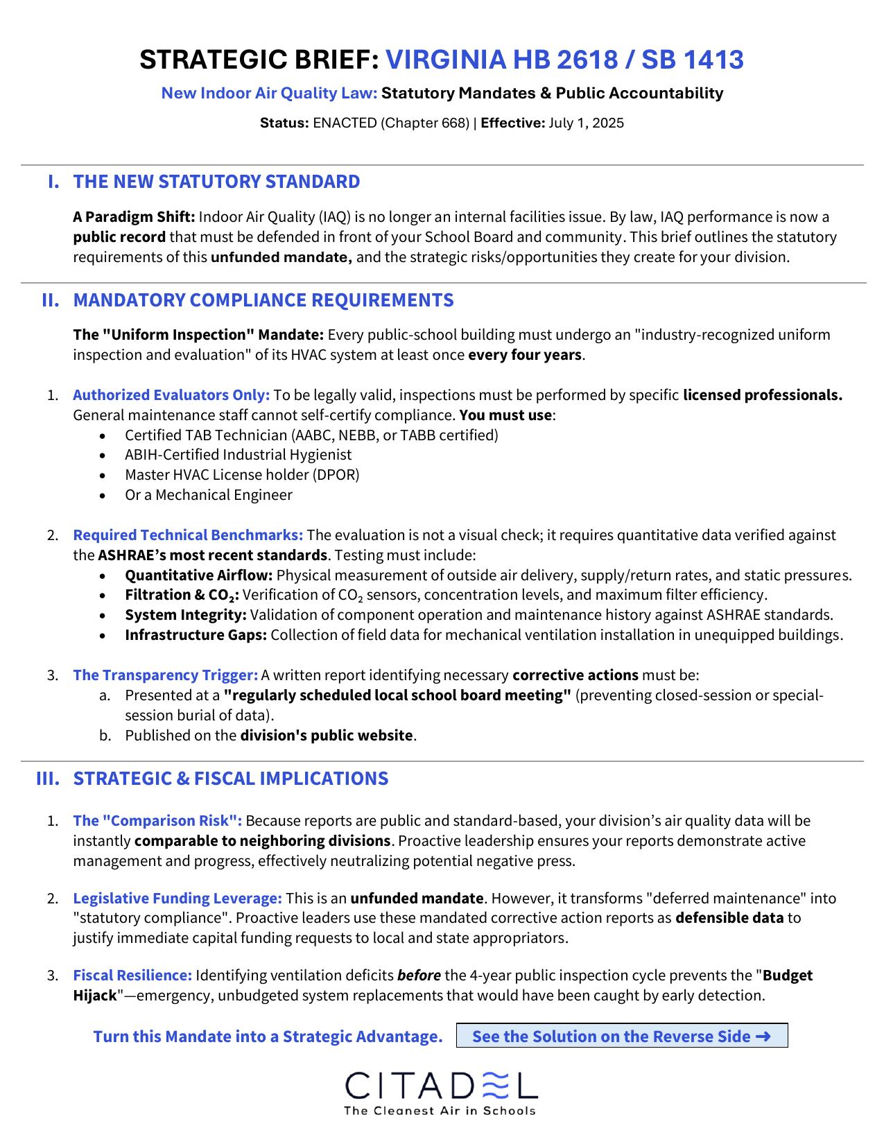 Cover of the Citadel Sciences HB 2618 one pager