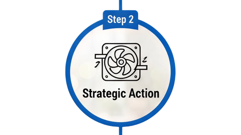 Step 2 icon: a ventilation fan with arrows showing airflow in and out, in a blue ring over a blurred interior, labeled Strategic Action.
